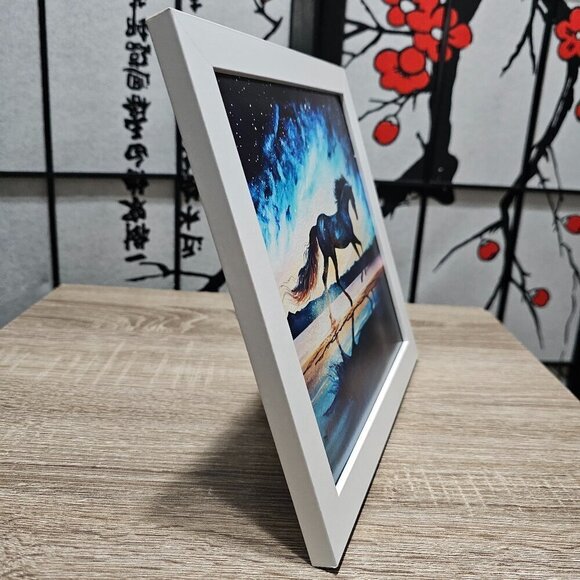 8x8 Framed Black Stallion Horse Under The Stars Watercolor Oil Painting Print - Picture 3 of 9